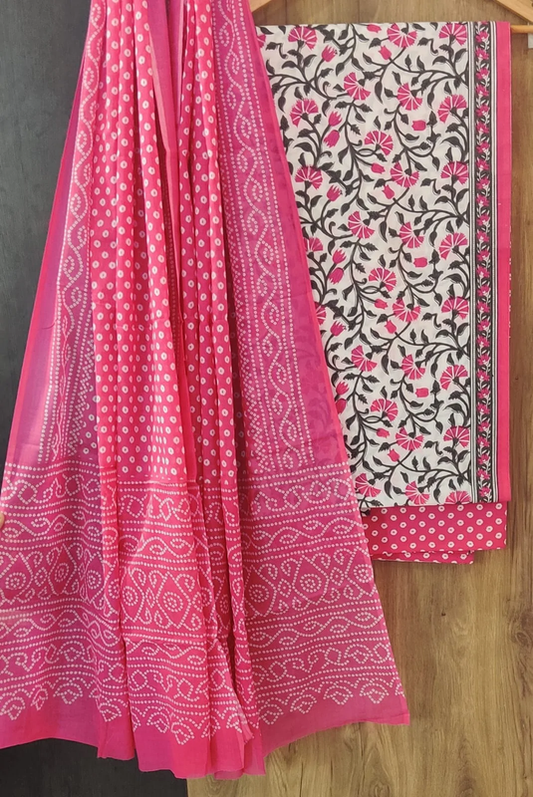 Pink Coloured Pure Cotton with Hand Block Print Women Casual/Office wear Jaipuri Sanganeri Salwar Suit - Top with Bottom & Cotton Dupatta!!