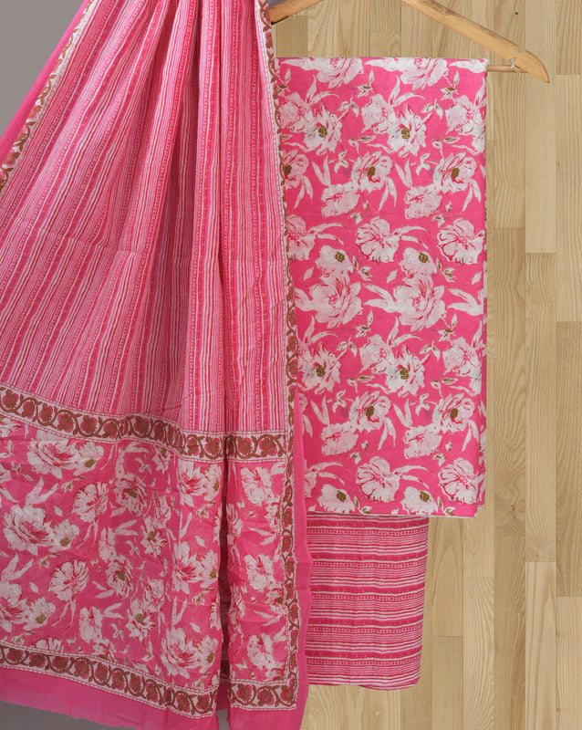 Pink Coloured Pure Cotton with Hand Block Print Women Casual/Office wear Jaipuri Sanganeri Salwar Suit - Top with Bottom & Cotton Dupatta!!