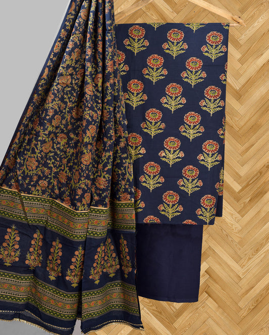 Dark Navy Blue Coloured Pure Cotton with Hand Block Print Women Casual/Office wear Jaipuri Sanganeri Salwar Suit - Top with Bottom & Cotton Dupatta!!