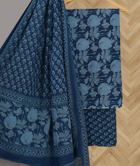 Blue Coloured Pure Cotton with Hand Block Print Women Casual/Office wear Jaipuri Sanganeri Salwar Suit - Top with Bottom & Cotton Dupatta!!