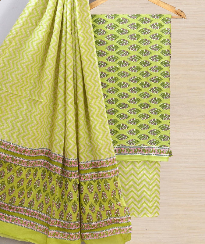 Green Coloured Pure Cotton with Hand Block Print Women Casual/Office wear Jaipuri Sanganeri Salwar Suit - Top with Bottom & Cotton Dupatta!!