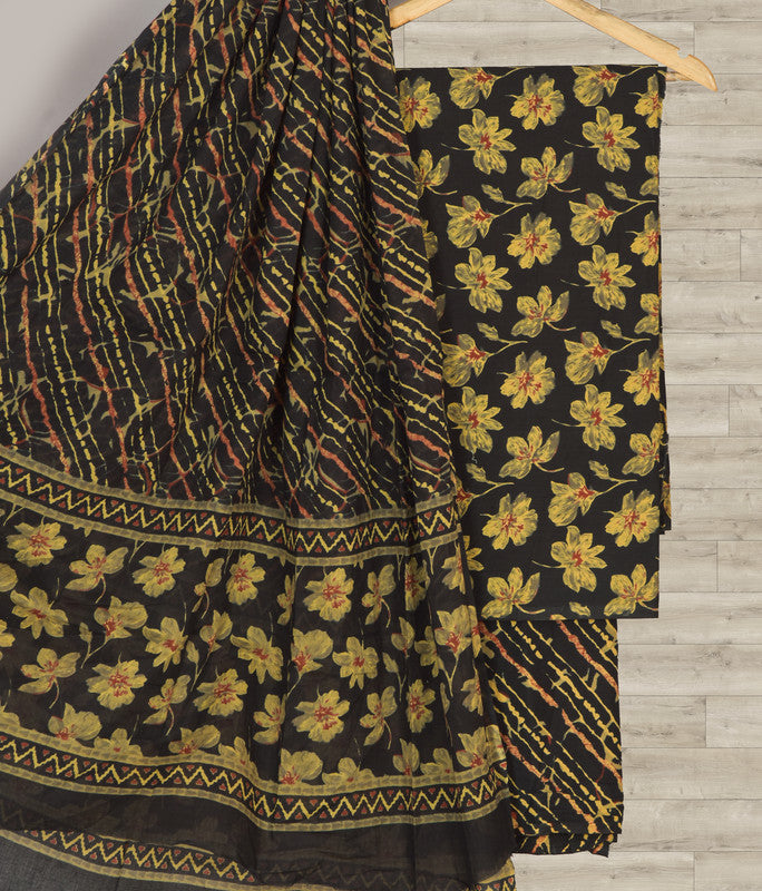 Black Coloured Pure Cotton with Hand Block Print Women Casual/Office wear Jaipuri Sanganeri Salwar Suit - Top with Bottom & Cotton Dupatta!!