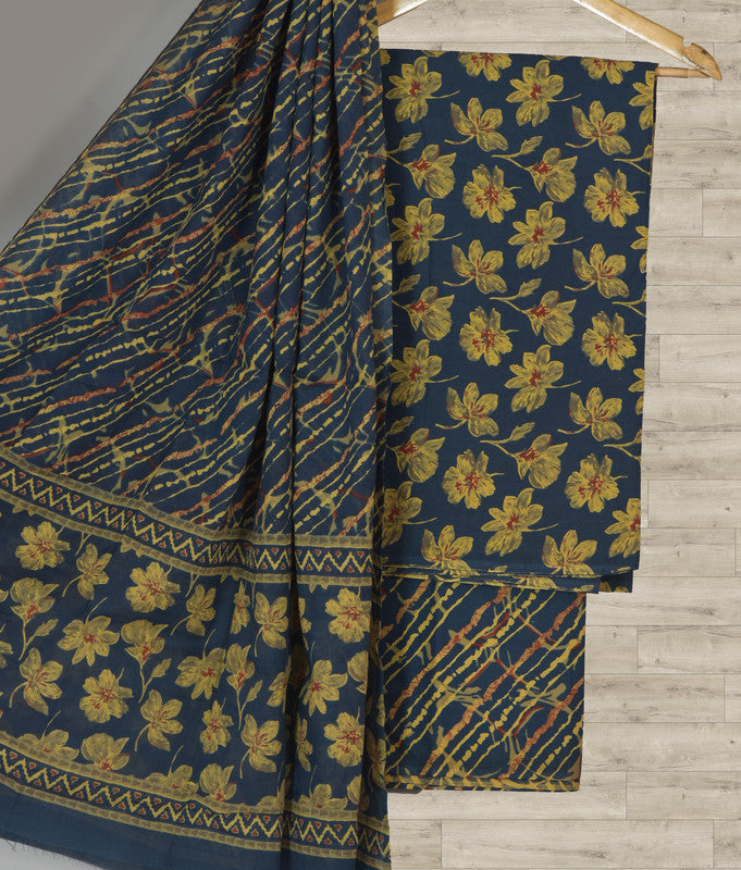 Navy Blue Coloured Pure Cotton with Hand Block Print Women Casual/Office wear Jaipuri Sanganeri Salwar Suit - Top with Bottom & Cotton Dupatta!!