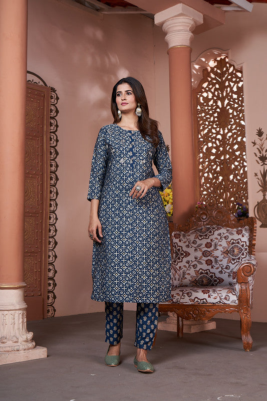 Blue Coloured Royal Silk export quality with Hand work Round Neck 3/4 sleeves Women Designer Party/ Casual wear Kurti with Pant!!