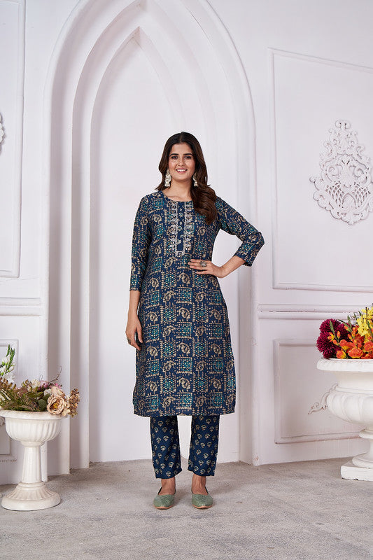 Rama Blue Coloured Royal Silk export quality with Hand work Round Neck 3/4 sleeves Women Designer Party/ Casual wear Kurti with Pant!!