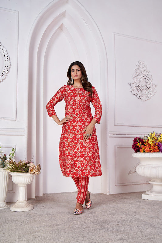 Red Coloured Royal Silk export quality with Hand work Round Neck 3/4 sleeves Women Designer Party/ Casual wear Kurti with Pant!!