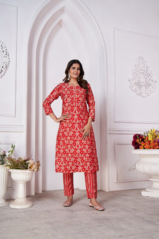 Red Coloured Royal Silk export quality with Hand work Round Neck 3/4 sleeves Women Designer Party/ Casual wear Kurti with Pant!!