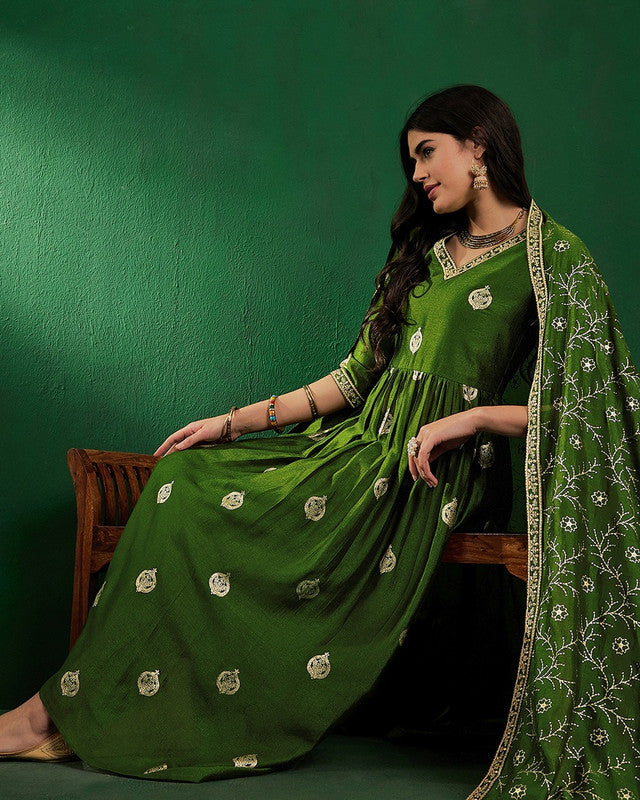 Green Coloured Vichitra Zari Sequence Embroidery With Printed Women Designer Party/Casual wear A Line Kurta with Pant & Dupatta Set!!