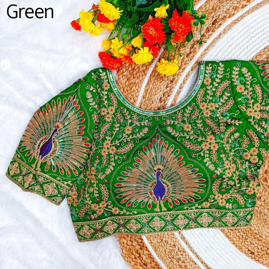 Green & Multi Coloured Italian Silk with Heavy Taar Coding, Multy, Sequence & Jari Work Woman Peacock Design Bridal Ready made Blouse - 42 Size Fits Up to 44 Inch!!