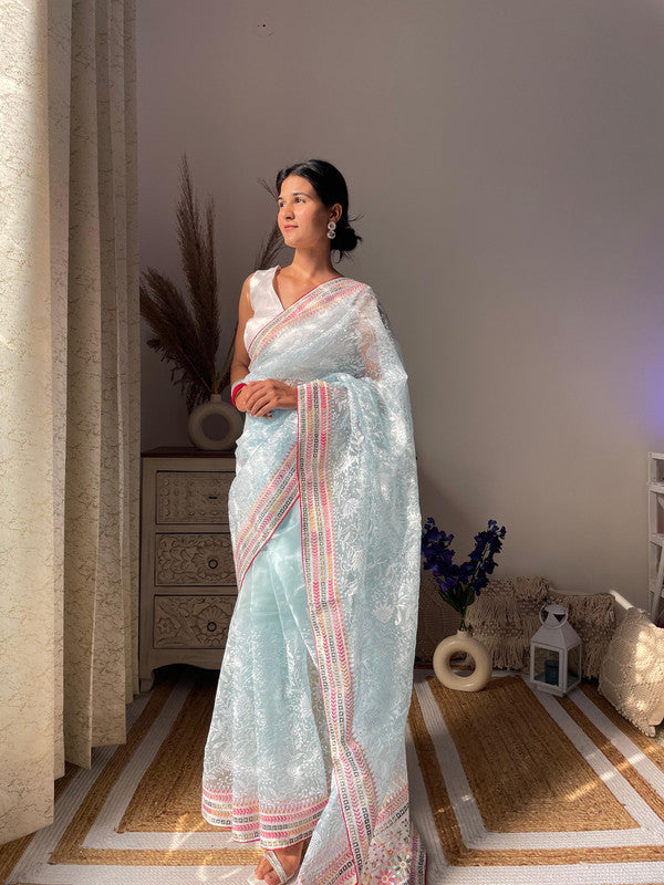 Sky Blue & Multi Coloured Organza Cotton with Lucknowi & Multi Thread Work Women Party/Fancy wear Organza Saree with Silk Blouse!!