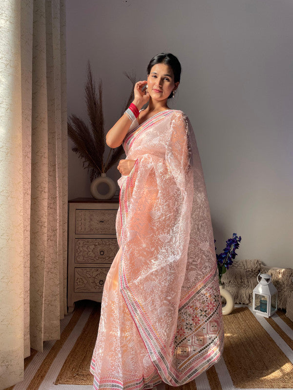 Light Peach & Multi Coloured Organza Cotton with Lucknowi & Multi Thread Work Women Party/Fancy wear Organza Saree with Silk Blouse!!