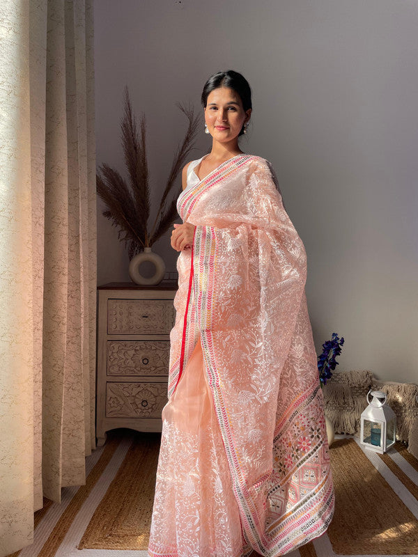 Light Peach & Multi Coloured Organza Cotton with Lucknowi & Multi Thread Work Women Party/Fancy wear Organza Saree with Silk Blouse!!