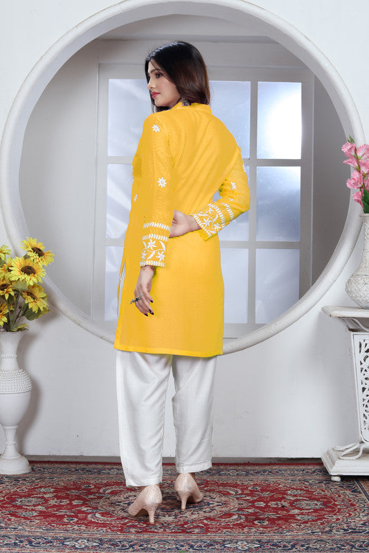 Yellow Coloured Heavy Rayon with Chikankari Embroidery Work Collar Neck Full Sleeves Women Designer Party/Casual wear Short Top!!