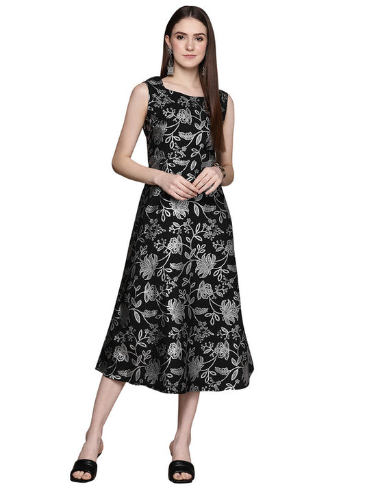 Black Coloured Crepe with Foil Print Round Neck Sleeveless Women Designer Party/Casual Fit and Flare Ethnic Dress!!