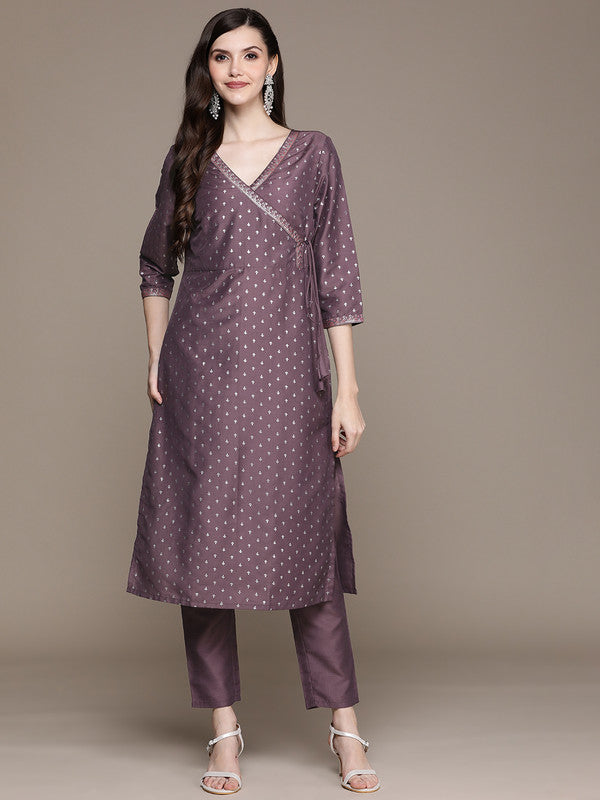 Purple Coloured Chinon Foil Print V-Neck Three Quarter Sleeve Side Slit Women Designer Party/Casual wear Straight Kurta with Pant!!