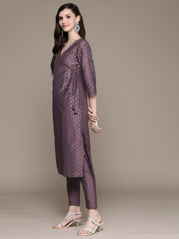 Purple Coloured Chinon Foil Print V-Neck Three Quarter Sleeve Side Slit Women Designer Party/Casual wear Straight Kurta with Pant!!