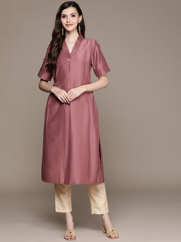 Brown Coloured Chinon V Neck Collar Short Sleeves Side slits Women Designer Party/Casual wear Straight Kurta & Pant Set!!