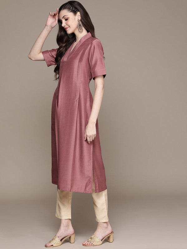 Brown Coloured Chinon V Neck Collar Short Sleeves Side slits Women Designer Party/Casual wear Straight Kurta & Pant Set!!