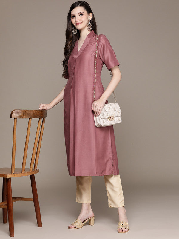 Brown Coloured Chinon V Neck Collar Short Sleeves Side slits Women Designer Party/Casual wear Straight Kurta & Pant Set!!