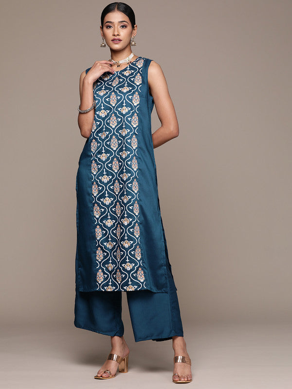 Teal Blue Coloured Chinon with Foil Printed Round Neck Sleeveless Side Slits Women Designer Party/Casual Straight Kurta and Palazzo Set!!