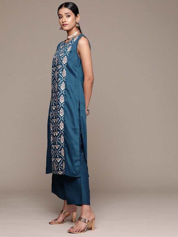 Teal Blue Coloured Chinon with Foil Printed Round Neck Sleeveless Side Slits Women Designer Party/Casual Straight Kurta and Palazzo Set!!