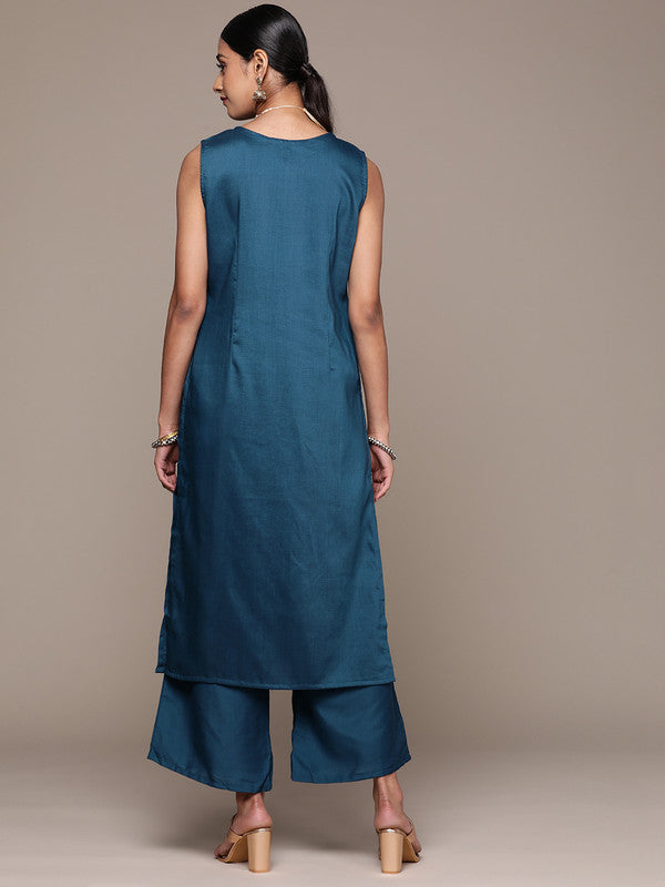 Teal Blue Coloured Chinon with Foil Printed Round Neck Sleeveless Side Slits Women Designer Party/Casual Straight Kurta and Palazzo Set!!