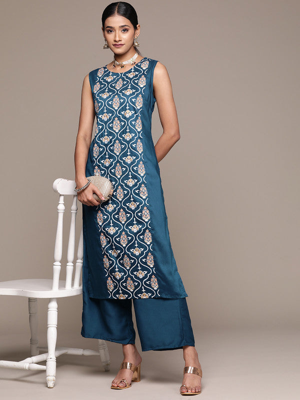 Teal Blue Coloured Chinon with Foil Printed Round Neck Sleeveless Side Slits Women Designer Party/Casual Straight Kurta and Palazzo Set!!