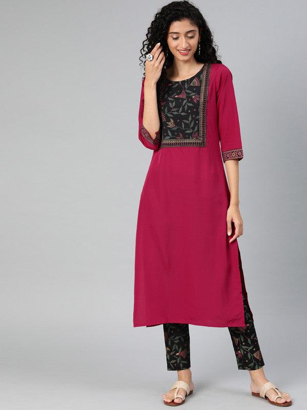 Pink Coloured Premium Crep with Round Neck 3/4 Sleeves Women Designer Casual/Daily wear Straight Cut Kurti with Pant!!