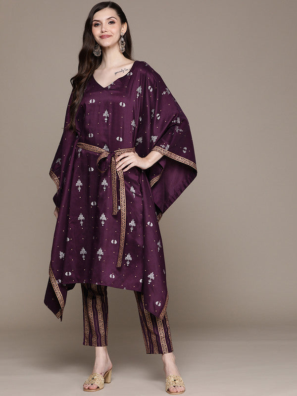 Wine Coloured Crepe Foil Print V-Neck Kaftan Style Sleeve Side Slit Women Designer Party/Casual wear Straight Kurta with Pant!!