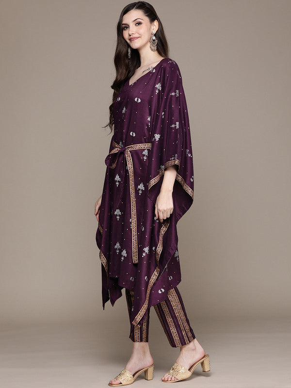 Wine Coloured Crepe Foil Print V-Neck Kaftan Style Sleeve Side Slit Women Designer Party/Casual wear Straight Kurta with Pant!!