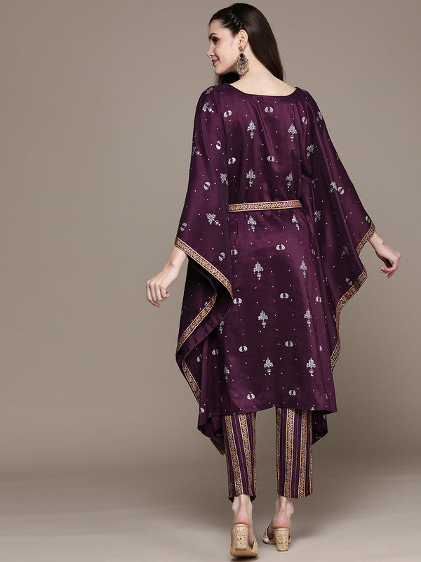 Wine Coloured Crepe Foil Print V-Neck Kaftan Style Sleeve Side Slit Women Designer Party/Casual wear Straight Kurta with Pant!!