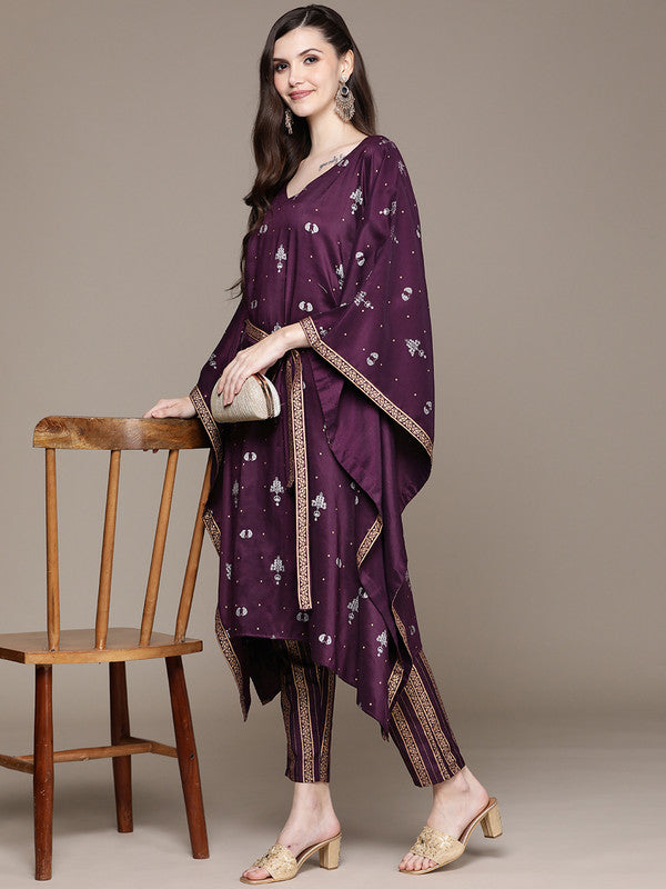 Wine Coloured Crepe Foil Print V-Neck Kaftan Style Sleeve Side Slit Women Designer Party/Casual wear Straight Kurta with Pant!!