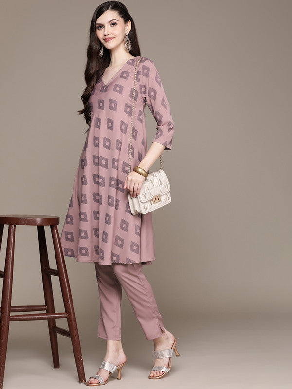 Mauve Coloured Crepe Print V Neck Front & Sleeve Dyed Back Women Designer Party/Casual wear A-Line Kurta & Pant Set!!