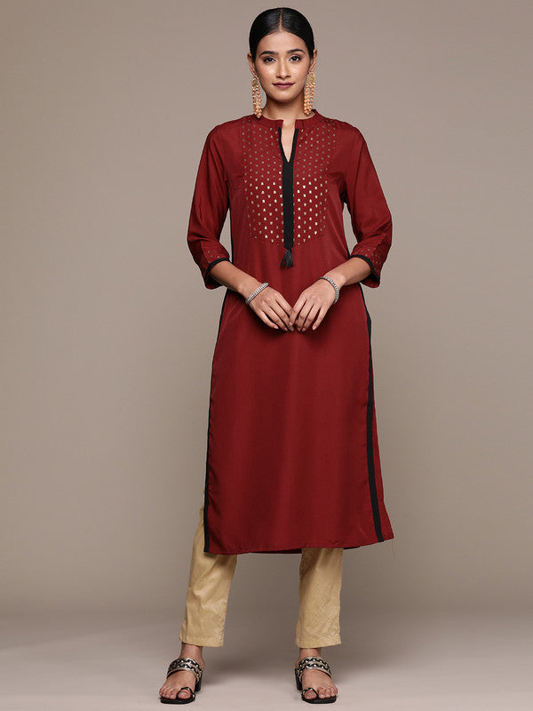 Maroon Coloured Crepe with Print Chinese Collar And 3/4 Sleeve Side Slits Women Designer Party/Casual Straight Kurta!!