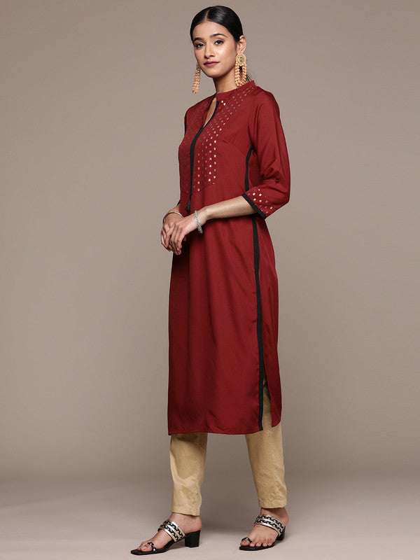 Maroon Coloured Crepe with Print Chinese Collar And 3/4 Sleeve Side Slits Women Designer Party/Casual Straight Kurta!!