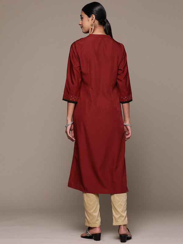 Maroon Coloured Crepe with Print Chinese Collar And 3/4 Sleeve Side Slits Women Designer Party/Casual Straight Kurta!!