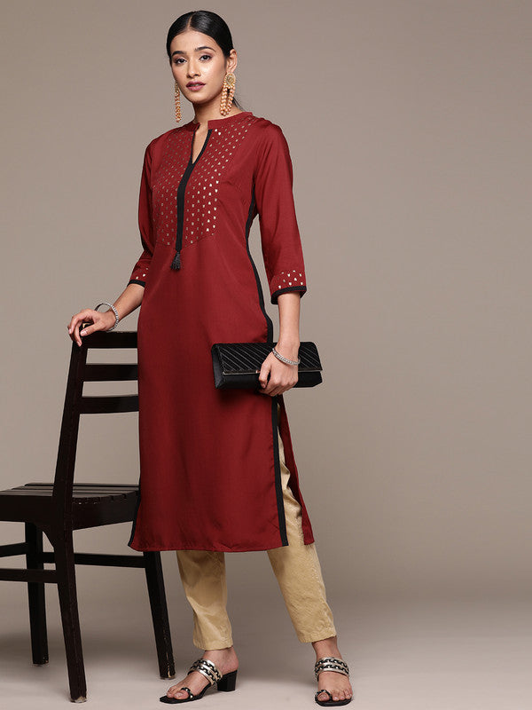 Maroon Coloured Crepe with Print Chinese Collar And 3/4 Sleeve Side Slits Women Designer Party/Casual Straight Kurta!!