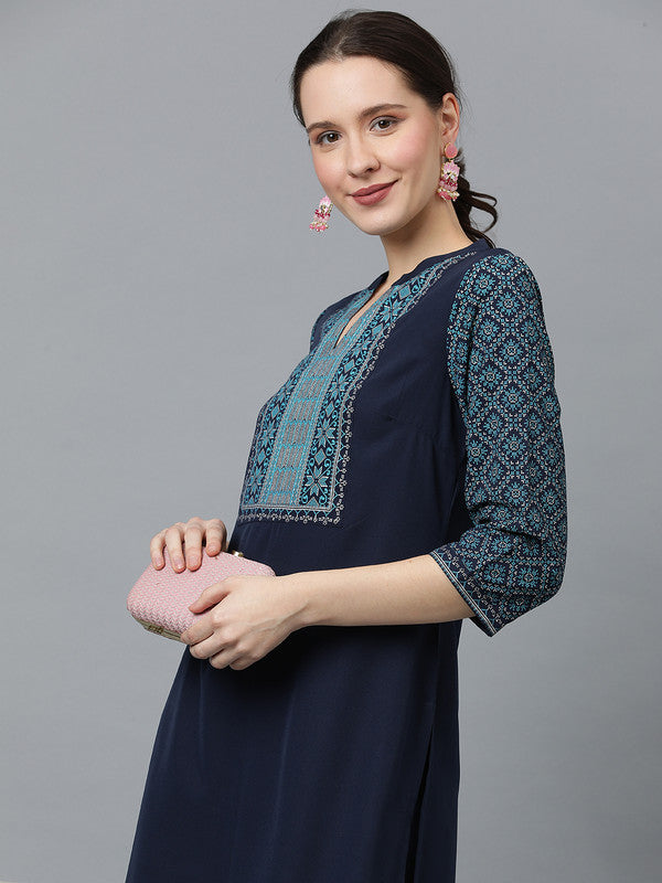 Navy Blue Coloured Crepe with Foil Print V-Neck, 3/4th regular sleeves Women Designer Party/Casual wear straight Kurta with Pant!!