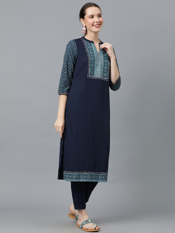 Navy Blue Coloured Crepe with Foil Print V-Neck, 3/4th regular sleeves Women Designer Party/Casual wear straight Kurta with Pant!!