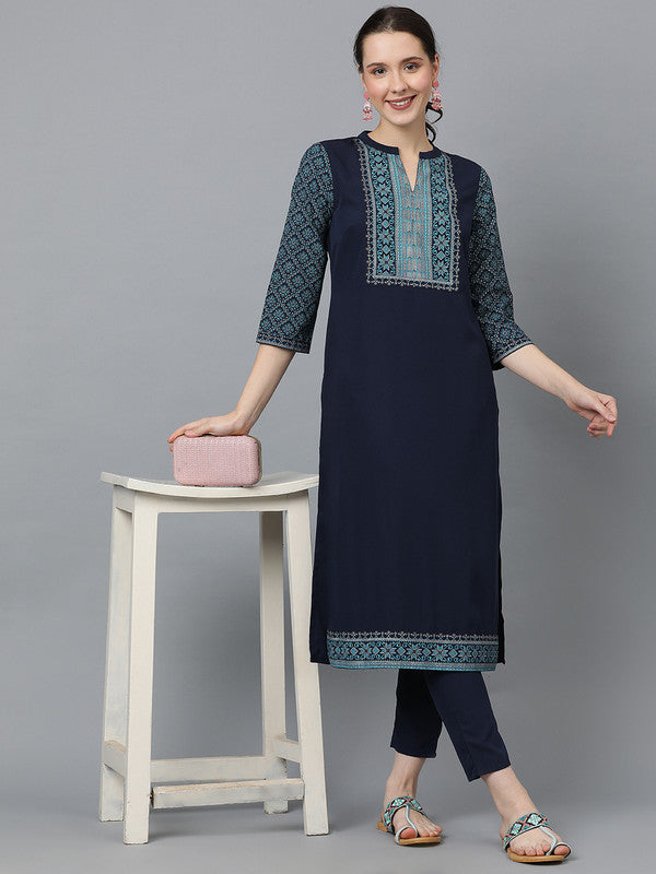 Navy Blue Coloured Crepe with Foil Print V-Neck, 3/4th regular sleeves Women Designer Party/Casual wear straight Kurta with Pant!!