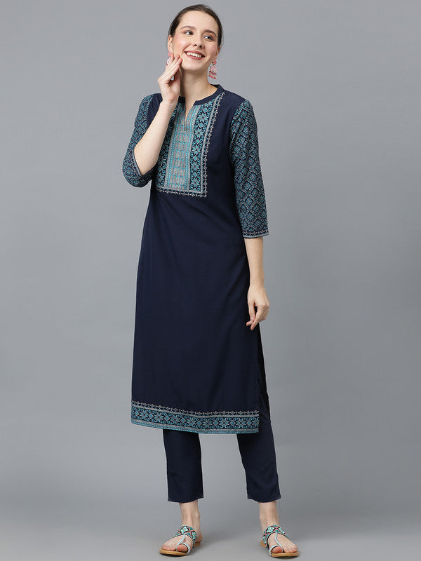 Navy Blue Coloured Crepe with Foil Print V-Neck, 3/4th regular sleeves Women Designer Party/Casual wear straight Kurta with Pant!!