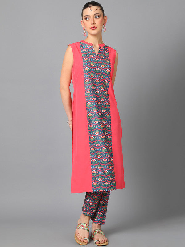 Coral Coloured Crepe with Beautiful Digital Print V-Neck Side Slit Women Designer Party/Casual wear Straight Ethnic Kurta with Pant!!