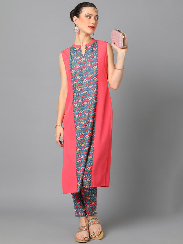 Coral Coloured Crepe with Beautiful Digital Print V-Neck Side Slit Women Designer Party/Casual wear Straight Ethnic Kurta with Pant!!