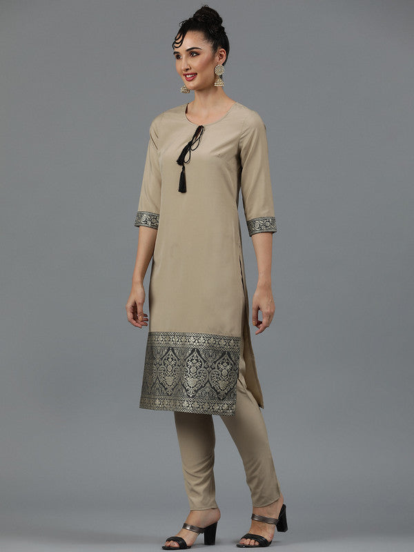 Beige Coloured Crepe with Pista Foil Print Keyhole Neck 3/4th regular sleeve Side Slit Women Designer Party/Casual wear Straight Ethnic Kurta with Pant!!