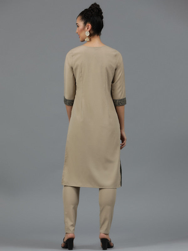 Beige Coloured Crepe with Pista Foil Print Keyhole Neck 3/4th regular sleeve Side Slit Women Designer Party/Casual wear Straight Ethnic Kurta with Pant!!