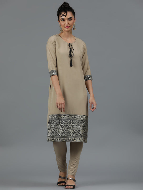 Beige Coloured Crepe with Pista Foil Print Keyhole Neck 3/4th regular sleeve Side Slit Women Designer Party/Casual wear Straight Ethnic Kurta with Pant!!