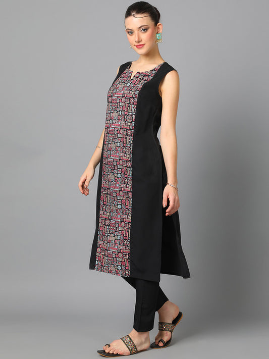 Black Coloured Crepe with Pigment Print V-Neck 3/4th regular sleeve Side Slit Women Designer Party/Casual wear Geometric pattern Straight Kurta with Pant!!