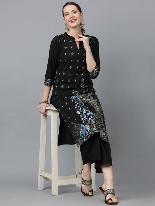 Black Coloured Crepe with Foil Print V-Neck 3/4th regular sleeve Side Slit Women Designer Party/Casual wear Straight Kurta with Palazzo set!!