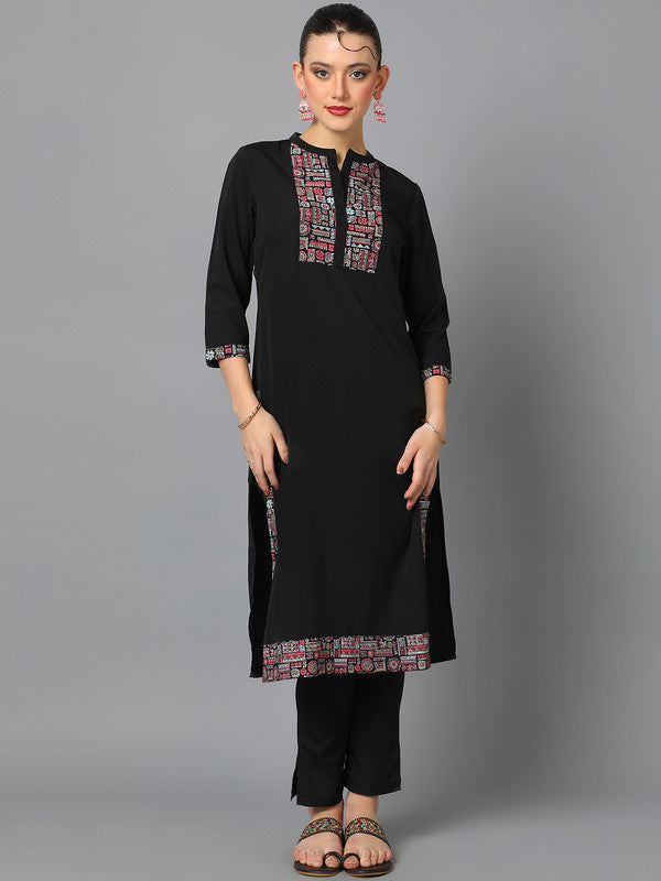 Black Coloured Crepe with Pigment Print, Mandarin Collar, 3/4 Sleeves & Side Slits Women Designer Party/Casual wear Geometric Pattern Straight Kurta with Pant!!