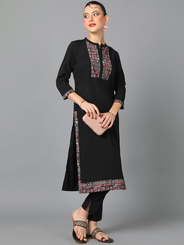 Black Coloured Crepe with Pigment Print, Mandarin Collar, 3/4 Sleeves & Side Slits Women Designer Party/Casual wear Geometric Pattern Straight Kurta with Pant!!